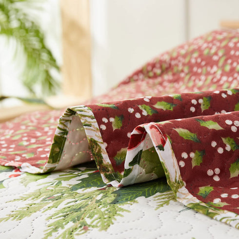 Flower Quilt Set Full/Queen Size ,3 Pcs Poinsettia Floral Quilts Lightweight Reversible Red Christmas Flower Bedspread Coverlet New Year Holiday Bedding with Pillow Shams