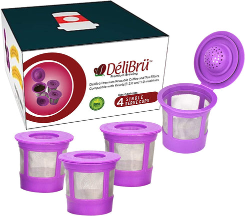 Reusable K Cups for Keurig 2.0 & 1.0 - Pack of 4 (Purple) - Easy to Clean - Universal Keurig Reusable Coffee Pods by Delibru