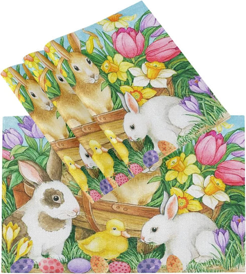 Spring Easter Placemats Set of 4 for Dining Table Egg Bunny Rabbit Tulips Washable Woven Vinyl Placemat Non-Slip Heat Resistant Kitchen Table Mats Easy to Clean