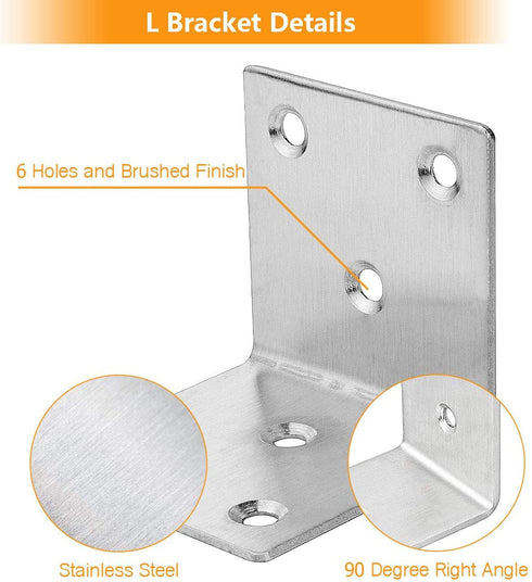 22 PCS Sliver Corner Brace, Stainless Steel 50MM X 50MM X 50MM Heavy Duty L Bracket for Furniture, Corner Steel Joint Right Angle Shelf Support Corner for Shelves, Furniture and Cabinet, Round End