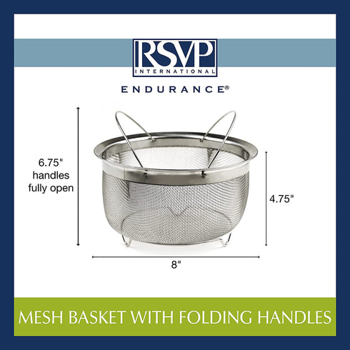 RSVP International Mesh Colander Strainer Basket with Folding Handles, 3 Quarts | For Pasta, Frying, & Salads | Dishwasher Safe | Use in Pressure Cookers | Steaming, Draining & Rinsing