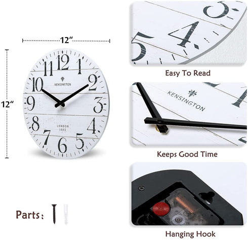 NIKKY HOME White Kitchen Wall Clock-12 Inch Farmhouse Antique Silent Non Ticking Battery Operated Vintage Country Rustic Distressed Wood Clock
