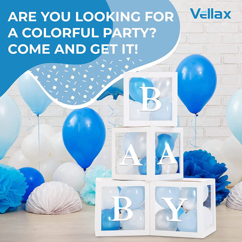 Baby Blocks for Baby Shower Party Decorations - Baby Shower Box Set of 45 pcs, 33 Blue Silver White Ballons, 4 Clear Blocks, 8 Letters - Balloon Boxes for Boys and Girls Birthday & Gender Reveal Backdrop