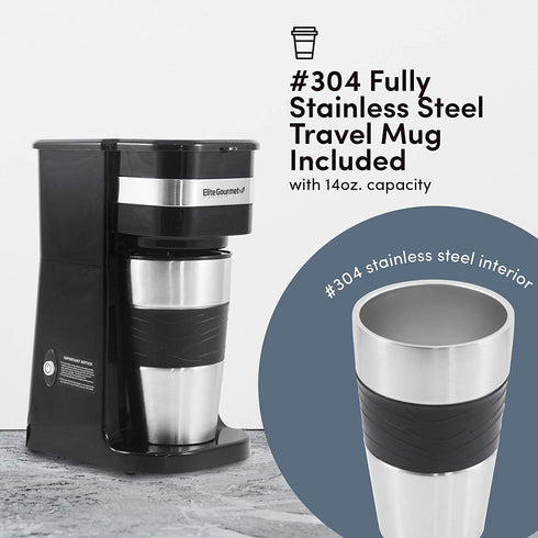 Elite Gourmet EHC111A Personal Single-Serve Compact Coffee Maker, with Pause N Serve, Reusable Filter, On/Off Switch, Water Level Indicator, 14-oz, Black