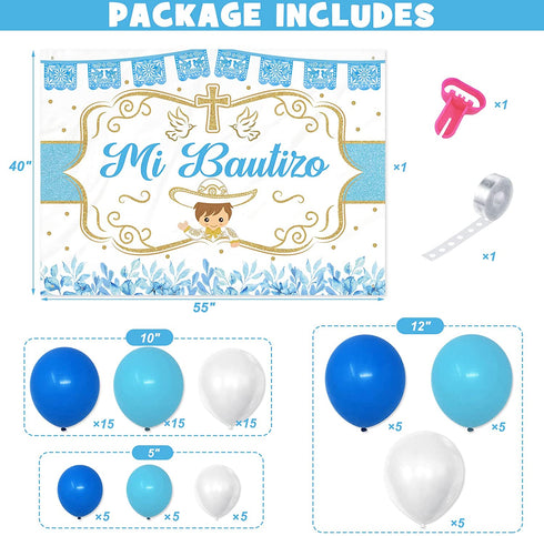 78PCS Mi Bautizo Banner Backdrop Blue Balloons Garland Kit for He God Bless Baby Boy Baptism Party Decorations First Communion Decor Christening Celebration Accessories Gender Photo Background Ideas