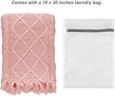 Solid Soft Cozy Cable Knitted Blanket Throw, Lightweight Decorative Textured Throw Blanket with Fringes for Couch Chairs Bed Sofa, Pink, 50"x 60"