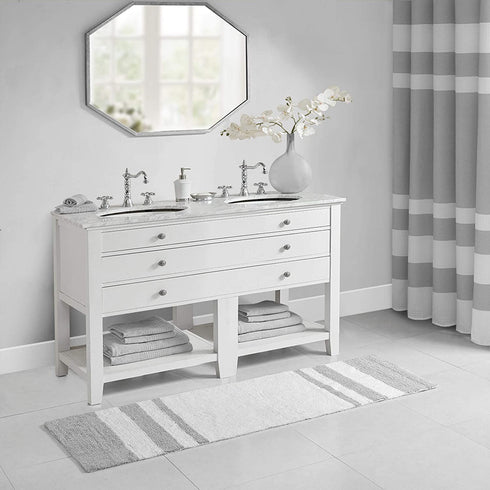 Madison Park Reversible Spa Cotton Bath Rug 100%-Cotton Striped Ultra Soft Water Absorbent, Fast Drying, Bath-Mats, Non-Slip Absorbent Quick Dry Mats for Tub, Shower Room, and Bathroom, 24x72, Grey