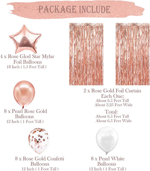Rose Gold Party Decorations, Rose Gold Foil Fringe Curtain Backdrop, Rose Gold and White Balloons Set for Birthday, Graduation Party Decorations, New Years Eve Party Supplies 2022 Decorations