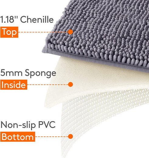 Lifewit Extra Soft Bathroom Rug Mat, Absorbent Shaggy Chenille Bath Rug, Non Slip Plush Rugs for Bathroom,Tub and Shower, Grey, 24 ×17 inch