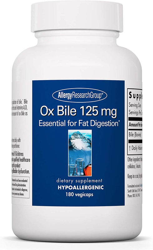 Allergy Research Group - Ox Bile 125 mg - Fat Digestion, Liver/Metabolic/GI Support - 180 Vegicaps