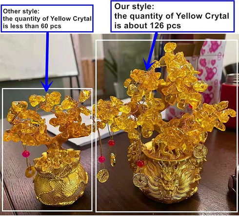 Feng Shui Decor Plants Flowers Artificial Trees Yellow Crytal Citrine Money Tree with Chinese Dragon Flowerpot About 7.1 Inches with Rotating Sandalwood Base Chinese Copper Coin String Decoration