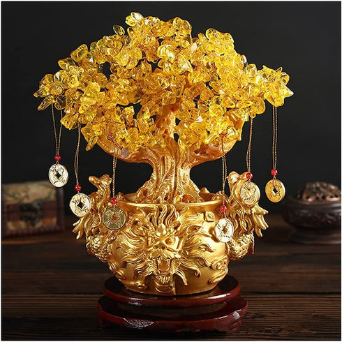 Feng Shui Decor Plants Flowers Artificial Trees Yellow Crytal Citrine Money Tree with Chinese Dragon Flowerpot About 7.1 Inches with Rotating Sandalwood Base Chinese Copper Coin String Decoration