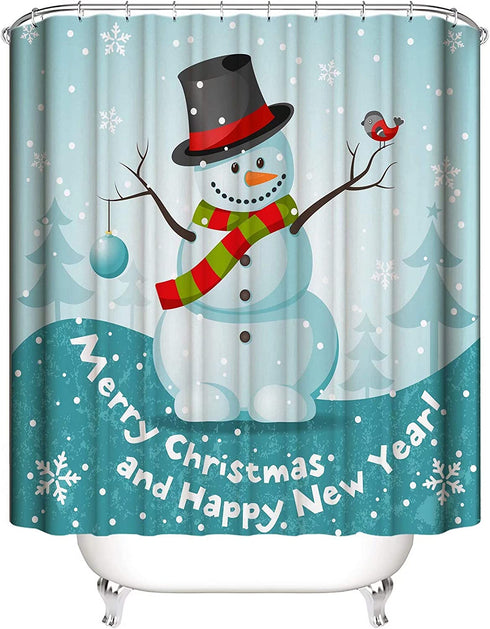 ShineSnow Snowman Merry Christmas Happy New Year Cute Bird Winter Snowflake Shower Curtain Set 72 x 72 Inches, Home Decor Bathroom Accessories Waterproof Polyester Fabric Curtains