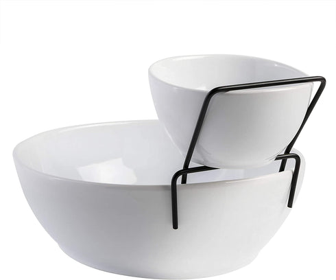 Gibson Home Gracious Dining Dinnerware, 3pc Chip & Dip Set with Metal Rack, White