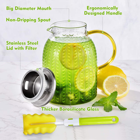 Aofmee Pitcher, 60oz Glass Pitcher, Water Pitcher with Lid, Iced Tea Pitcher for Fridge, Glass Carafe for Cold or Hot Beverages, Sun Tea Jar for Juice, Easy Clean Heat Resistant Glass Jug for Milk