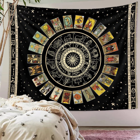 Sun Constellation and Star Tarot Card Tapestry - Bohemian Astrology Tapestries Zodiac Wall Hanging for Home Bedroom Aesthetic Wall Art Decor Black Tapestry