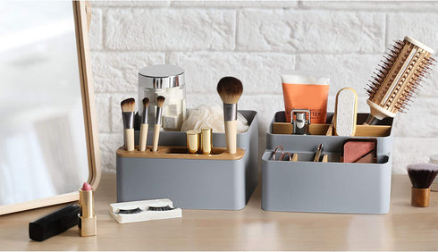 Seville Classics Eco-Conscious Organizer Box Set Art Crafts Holder Junk Drawer Utensils, Flatware, Silverware, Cutlery, Pens, Desk Caddy, Bamboo/Gray, 2
