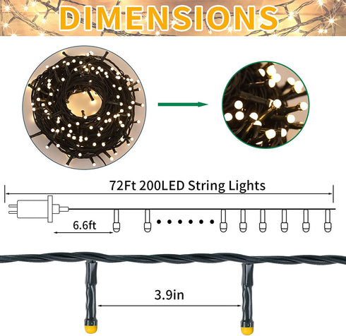 Christmas String Lights Outdoor/Indoor, 200LED Ultra-Bright Christmas Tree Lights,72FT UL Certified Fairy String Lights for Wedding Party Valentine's Day Decor (Warm White)