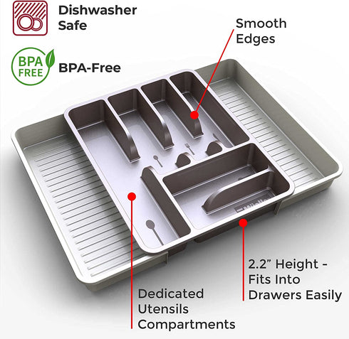 Mueller Large Flatware Kitchen Drawer Organizer, Expandable 19.7" x 15" Silverware Organizer, 6 Compartments, Heavy-Duty, Cutlery Tray for Utensils or Stuff, Dining Room, Living Room, Beige Mocha