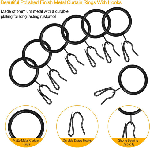 60 Pcs Metal Curtain Rings with Eyelet Curtain Rings and 60 Pcs Metal Curtain Rods Hooks Drapery Hook, 30 mm Internal Diameter Curtain Rod Rings Drapery Eyelet Sliding Curtain Rings (Black)