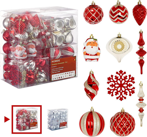 Homde Christmas Balls Ornaments 77ct (5.12inch -1.57inch) Includes Santa Claus Snowflakes for Xmas Tree Shatterproof Christmas Tree Decorations with Hanging Rope (Red & Gold) - Decoway Series