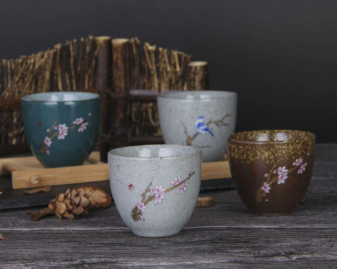 VanEnjoy Sef of 5 Hand-Drawn Traditional Chinese Ceramic Teacup Tea Cups, Floral and Bird Pattern,Bulk Teacup in Gift Box