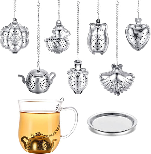 DISIWENE 7 Pack Loose Leaf Tea Infuser, Tea Strainer Stainless Steel Tea Ball with Chain and Drip Trays, small Tea Filter Set for Mug (Silver-Set A)
