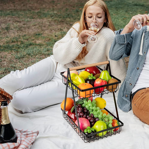 BUSKYI 2-Tier Fruit Basket for Kitchen - Countertop Fruit and Vegetable Storage Fruit Bowl with Banana Hanger , Black