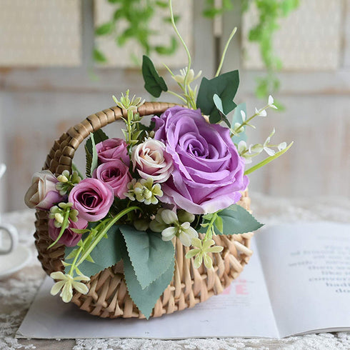 WYI Half-moon Mini Straw Rattan Baskets, Hand-woven Flower Basket with Handle, Retro Storage Containers, Khaki
