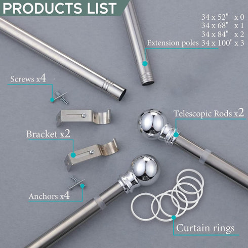 1 Inch Adjustable Curtain Rod Set-Silver Curtain Rods for Windows 34 to 68"- Sturdy Single Drapery Rod for Sliding Door, Bedroom, Kitchen,Living Room (With 2 Brackets)