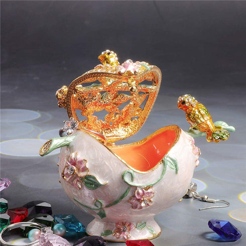 Waltz&F Metal Double Bird and Flower Trinket Box Jeweled Hand-Painted Ring Holder Animal Collectible Figurine Decoration