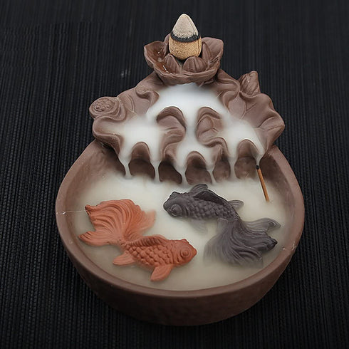 NewEGG Two Fishes Ceramic Purple Clay Smoke Backflow Incense Cone Sticks Burner Holder