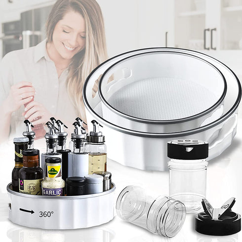 Lazy Susan Turntable - 360 Rotating Spice Rack - Non-Skid Turntable Organizer for Fridge, Cabinet & Bathroom - Lazy Susan Organizer for Bottles and Spices - 2 Pack Fridge Organizers with 2 Jars-Sliver