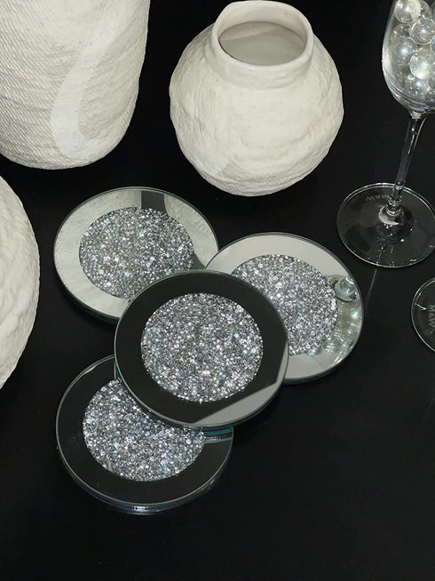 Glass Coasters for Drinks, Set of 4, Diamond Decor, Silver Crystal, Mirrored Elegant, Fancy, Glam, for Home Kitchen Table Bar Accessories, Round (4? x 4?)