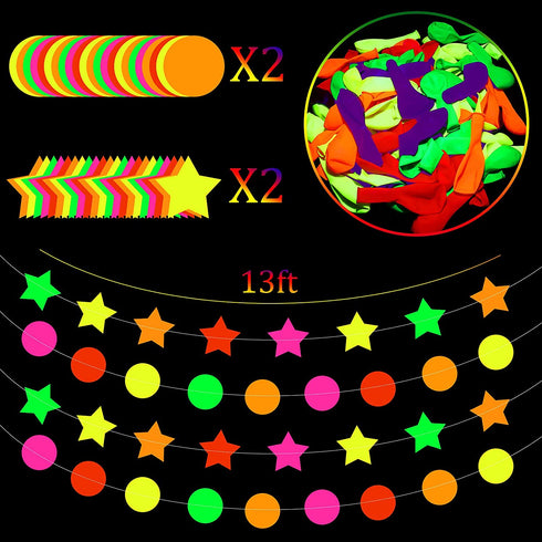 100 Pieces UV Neon Glow Balloons and 53 ft Neon Streamers Paper Glow Party Garland Hanging Decorations for Birthday, Christmas, Wedding, Black Light Party Supplies (Classic Style)