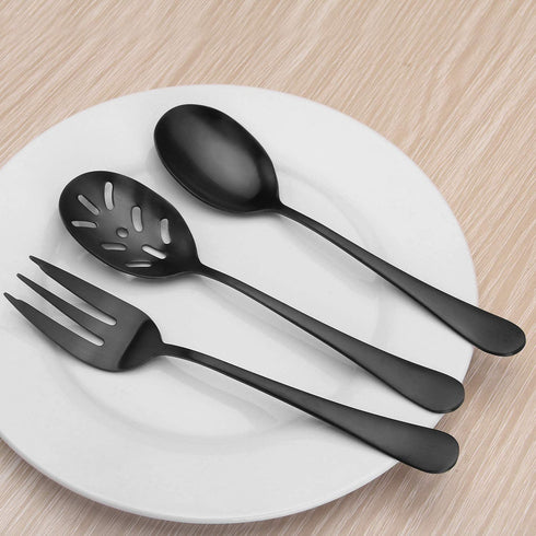 Matte Black Serving Set?SHARECOOK 5-Piece 18/0 Stainless Steel Large Hostess Set with Round Edge, Satin Finished, Dishwasher Safe -Spoons, Forks,Butter Knife& Slotted Spoon