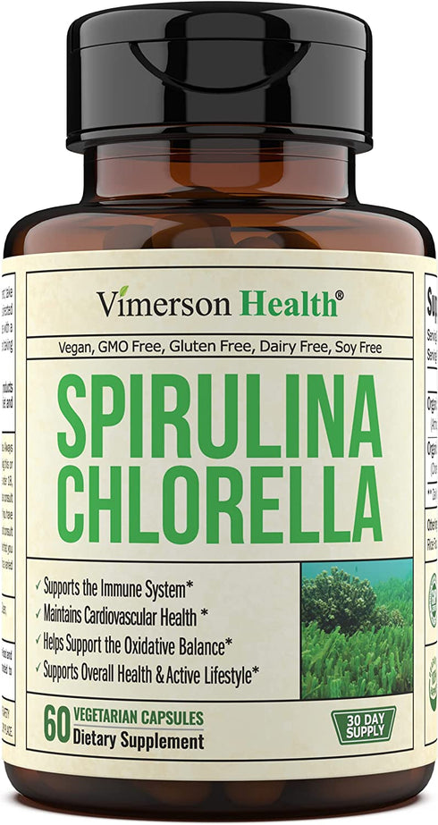 Spirulina Chlorella Green Superfood Capsules. Boosts Energy, Supports Cardiovascular Health. Antioxidant Properties for Detox and Cleanse