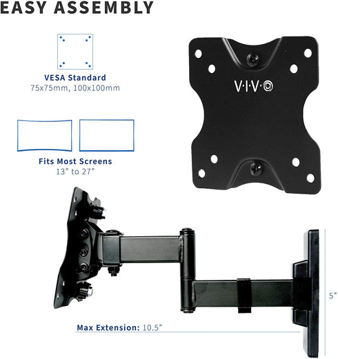 VIVO Full Motion Wall Mount for up to 27 inch LCD LED TV and Computer Monitor Screens, Tilt and Swivel Bracket with Max 100x100mm VESA, Black, MOUNT-VW01M