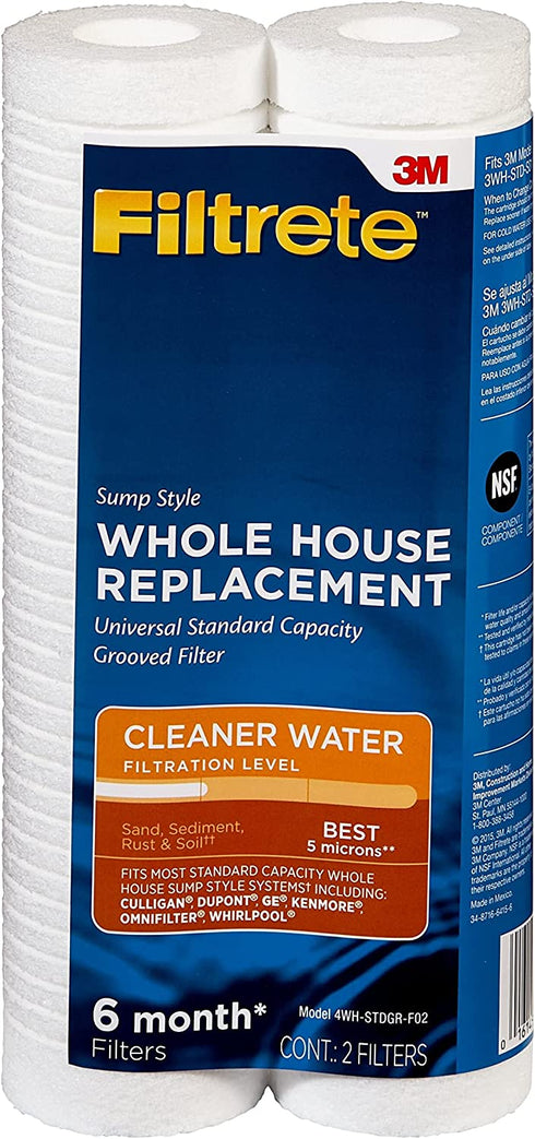 Filtrete Standard Capacity Whole House Grooved Water Filter, 5 Microns, Universal Filter, Sump Style Drop-In Filter, 2-Filters (4WH-STDGR-F02)