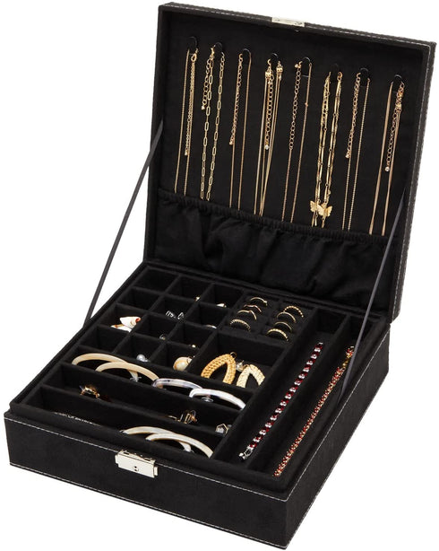 Two Layer Black Jewelry Box Organizer with Lock and Key, Display Case with Removable Tray (10.5 x 10.5 inch)