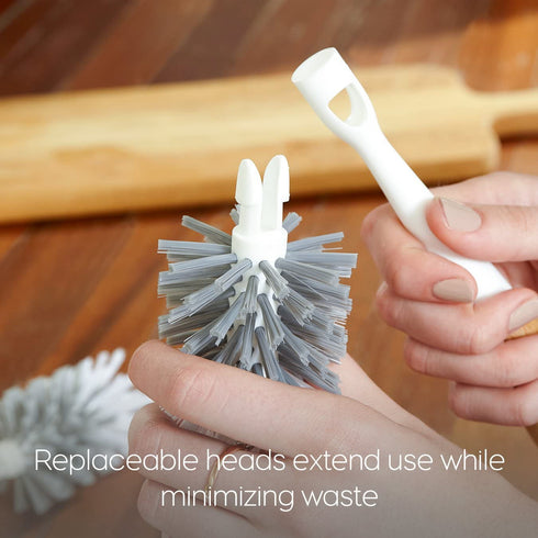 Full Circle Clean Reach Bottle Brush with Replaceable Bristle Brush Head, Bamboo Handle, White
