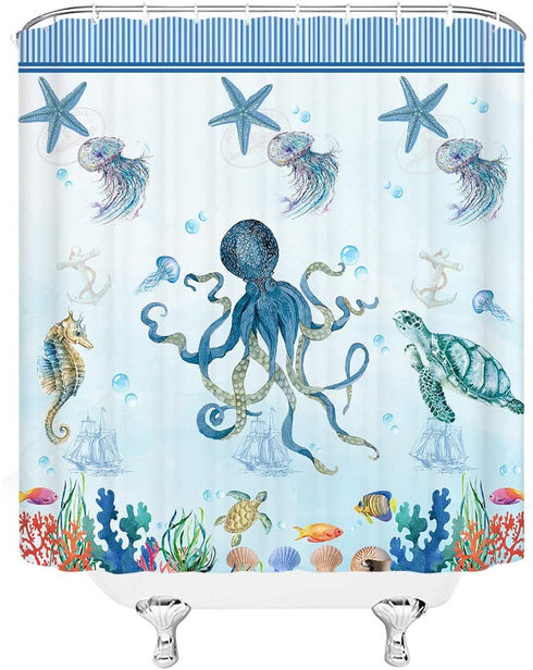 Sea Animal Shower Curtain Octopus Turtle Starfish Undersea Creatures Blue Stripe Design Decor,Ocean Fabric Bathroom Set Hooks 70'Wx 70'