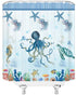 Sea Animal Shower Curtain Octopus Turtle Starfish Undersea Creatures Blue Stripe Design Decor,Ocean Fabric Bathroom Set Hooks 70'Wx 70'