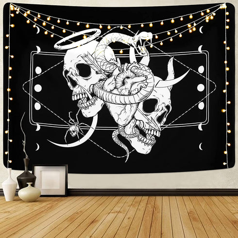 Skull Tapestry Skeleton Tapestry Gothic Tapestry Human Heart Tapestry Snake Moon Phase Tapestry Black and White Tapestry Wall Hanging for Room(59.1 x 82.7 inches)