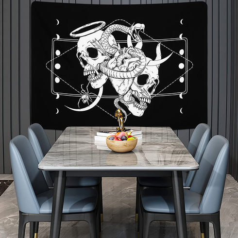 Skull Tapestry Skeleton Tapestry Gothic Tapestry Human Heart Tapestry Snake Moon Phase Tapestry Black and White Tapestry Wall Hanging for Room(59.1 x 82.7 inches)
