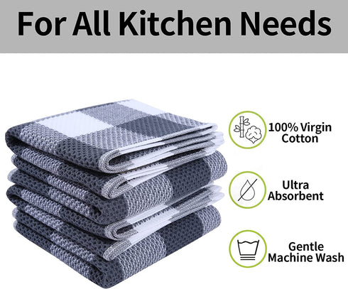 Homaxy 100% Cotton Waffle Weave Check Plaid Kitchen Towels, 13 x 28 Inches, Super Soft and Absorbent Dish Towels for Drying Dishes, 4-Pack, White & Dark Grey