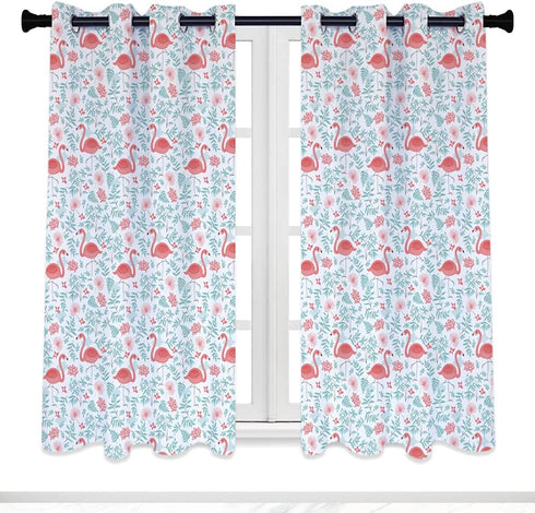 QIYI Pink Flamingos Flock Blackout Curtain Panels, 2 Panel Sets Summer Aqua Blue Green Leaf Thermal Insulated Treatments Curtains, Home D©cor Window Drapes for Living Room Girls Bedroom, 52 x 84 Inch