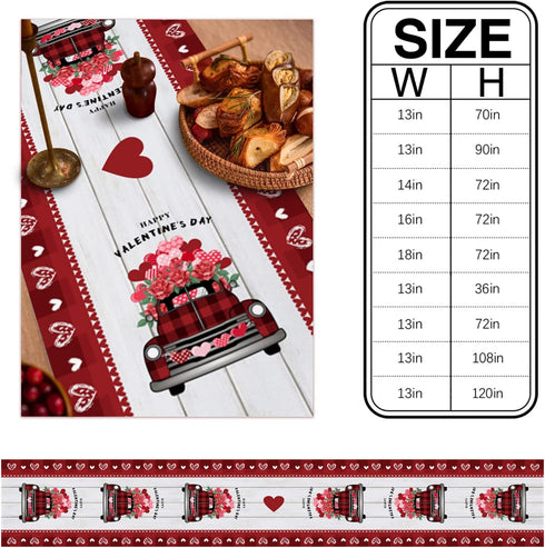 Rose Truck Valentines Day 108 Inches Long Table Runner for Dining Room, Rustic Wood Heart Cotton Linen Tablecloth Runners, Farmhouse Table Setting Decor for Wedding Party Holiday, Machine Washable.
