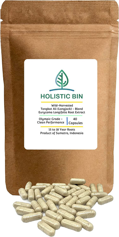 Holistic Bin Indonesian Tongkat Ali Capsules 1000mg Per Serving | Wild Harvested Eurycoma Longifolia Roots from Sumatra | No Fillers - 100% Pure Tongkat Ali for Men and Women (30 Day Supply)