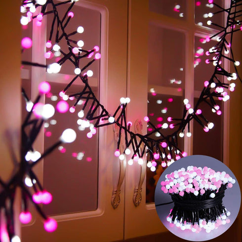Quntis Christmas Firecracker Fairy String Lights, 13FT 400 LEDs Outdoor Indoor Valentines Cluster Twinkle Lights - Linkable Xmas Decor Lights 8 Modes for Wedding Party Window Yard Tree, Pink White